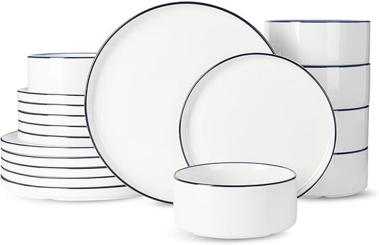 Famiware Porcelain Dinnerware Set, 18-Piece Modern Plate and Bowl Set, dish set for 6, Microwave and Dishwasher Safe Tableware, White with Blue Trim