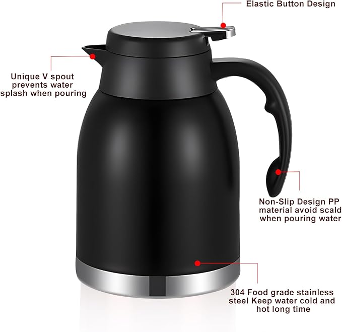 54oz 2PCS Stainless Steel Thermal Coffee Carafe Dispenser with Brush,Double Wall Vacuum Flask 1.6L Water Tea Pot Beverage Pitcher for Cold Drinks in Summer (Matte Black,2Pack)