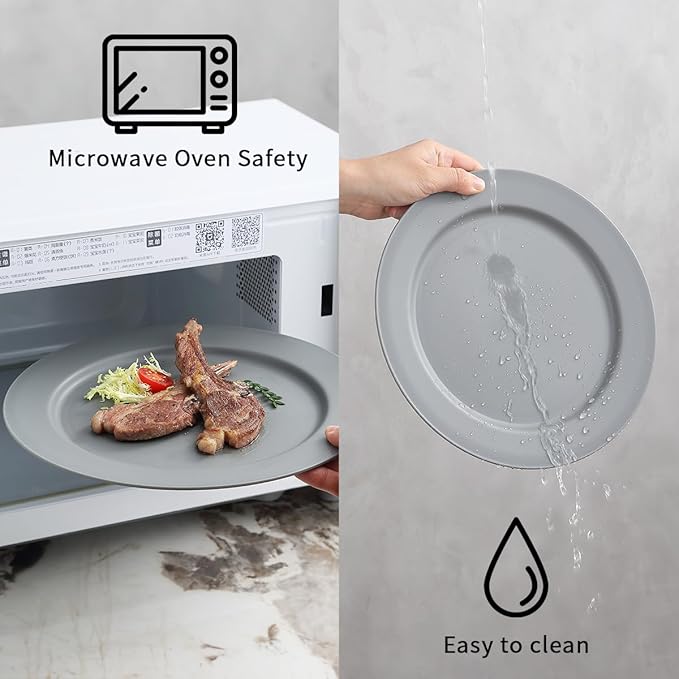 Berglander Plastic Plates Set of 8 Pieces 10", Gray Reusable Flat Dinner Plates, Salad Plates, Pasta Bowls, Dishes Set Easy to Carry for Home, Garden, Picnic, Camping, Outdoor