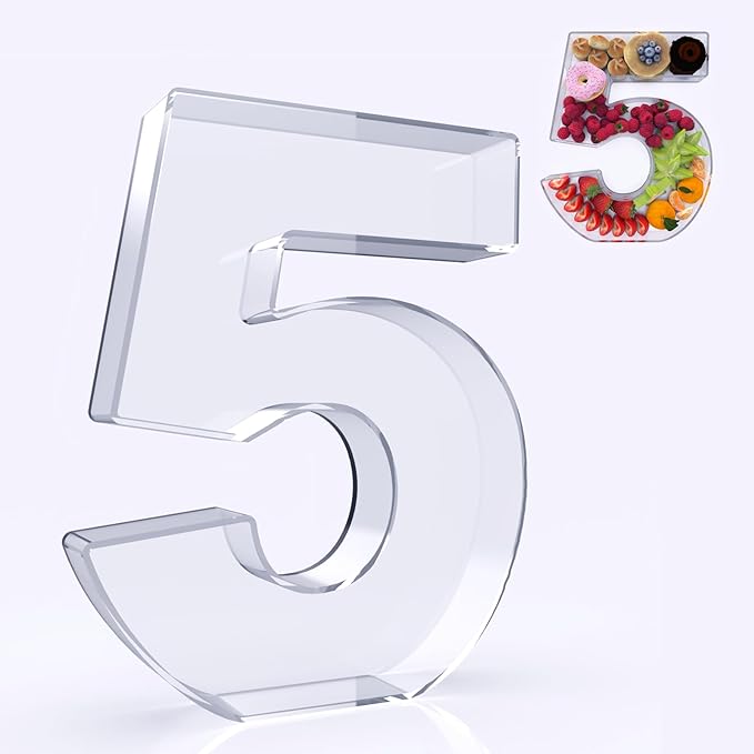 11" Acrylic Number Charcuterie Box, Reusable Fillable Alphabet Number Shaped Form Tray for Birthday Anniversaries, Party Decorative Serving Plates Display Candy Cake (5)