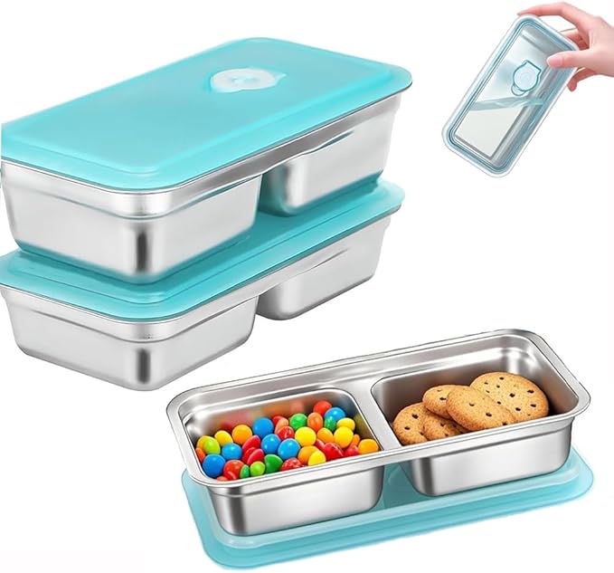 3 Pack Stainless Steel Snack Containers with Lids, Leak Proof Easy Open Snack Box Container for Adults, Reusable Food Storage Containers with 2 Compartment for Travel, Camping, Work, Outdoor