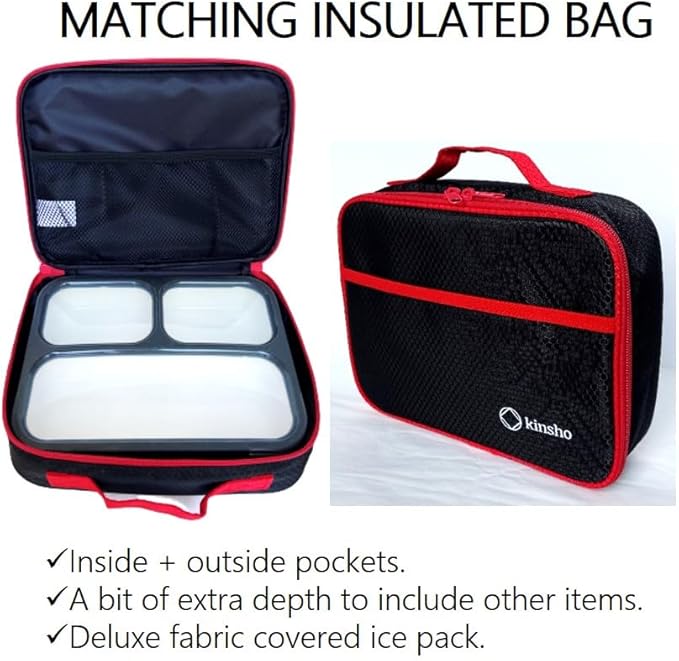 Bento Box with Insulated Lunch Bag and Ice Pack for Kids Container for Adults Snacks and Lunches. 3 Compartments, Leak-Resistant Portion Boxes Japanese Style for School or Work, Black with Red Trim