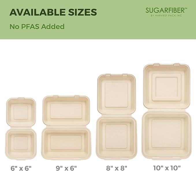 [200 COUNT]Sugarfiber by Harvest Pack PFAS FREE 9 X 9" 3 Compartment Compostable Clamshell Takeout Food Containers, Heavy-Duty Hinged, Disposable Bagasse Eco-Friendly Natural Sugarcane to go Box