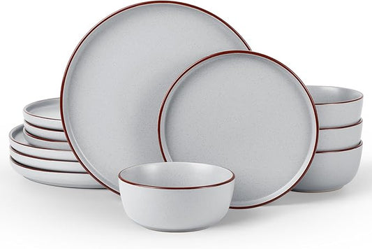 Famiware Mercury Plates and Bowls Sets, 12 Pieces Stoneware Dinnerware Sets, Dishes Set for 4, Microwave and Dishwasher Safe, Light Grey