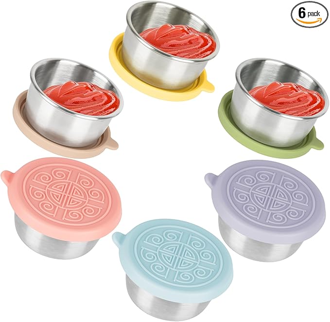 6x1.6 Oz Salad Dressing Containers With Lids, Stainless Steel Small Condiment Containers with Leakproof Silicone Lids, Reusable Sauce Containers for Lunch Boxes