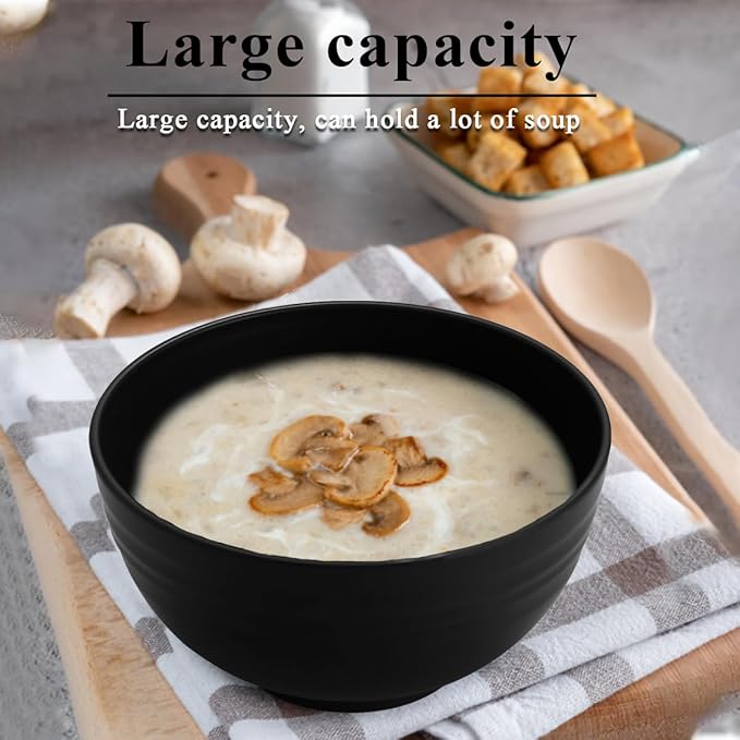 Berglander Black Plastic Bowls Set of 12 Pieces 25oz, Reusable and Sturdy Ramen Bowl, Soup Bowls, Cereal Bowl for Adult, Kids, Home, Restaurant, Garden, Picnic, Camping, Poolside, Outdoor