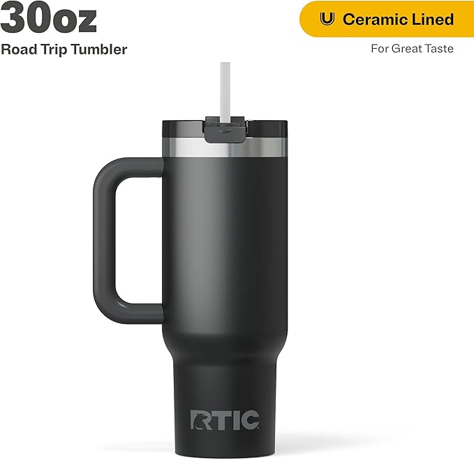 RTIC 30 oz Road Trip Tumbler Double-Walled Ceramic Lined InsulatedStainless Steel Portable Travel Coffee Mug Cup with Lid, Handle and Straw, Black