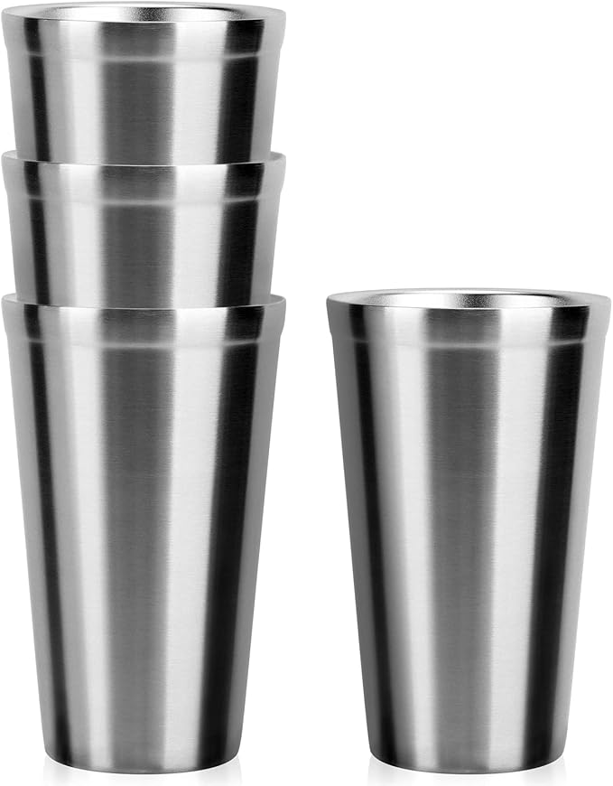 Beasea Stainless Steel Cups 16 oz, 4 Pack Stainless Steel Tumbler Stackable Double Wall Vacuum Insulated Metal Drinking Glasses for Home Restaurant Ofiice Party Camping