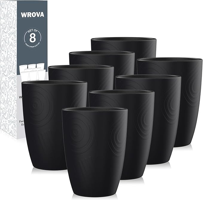 Wheat Straw Cups 8 PCS Good Alternative to Plastic Reusable Cups 12 oz Unbreakable Drinking Cup Reusable Dishwasher Safe Water Plastic Glasses Pure Black
