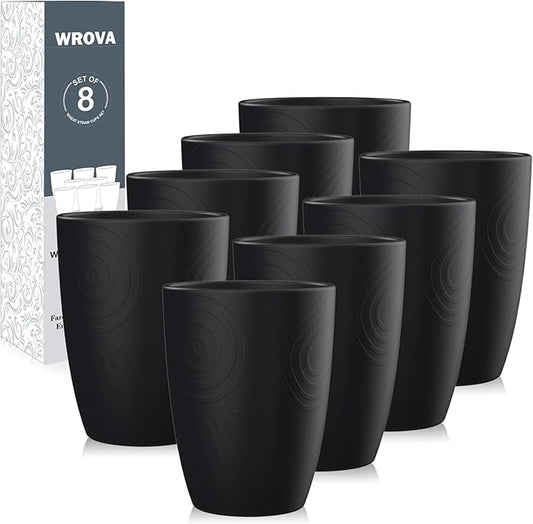 Wheat Straw Cups 8 PCS Good Alternative to Plastic Reusable Cups 12 oz Unbreakable Drinking Cup Reusable Dishwasher Safe Water Plastic Glasses Pure Black