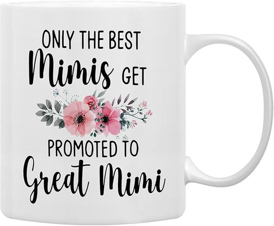 QASHWEY Mimi Coffee Mugs, Funny Pregnancy Announcement Gifts for Grandma, Great Grandma to Be, Double Side Printed Ceramic Mug Cup 11 Ounce
