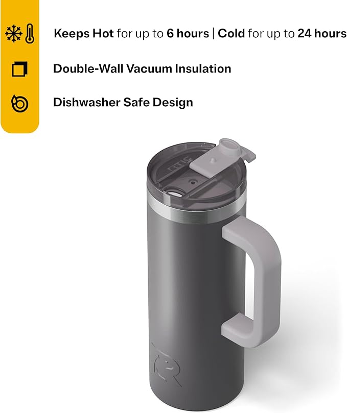 RTIC 20oz Road Trip Travel Mug with Lid and Handle, Ceramic Lined, Insulated, Stainless Steel, Metal, Double Wall Vacuum-Insulation, Portable Coffee, Tea Cup for Hot and Cold Drink, Graphite