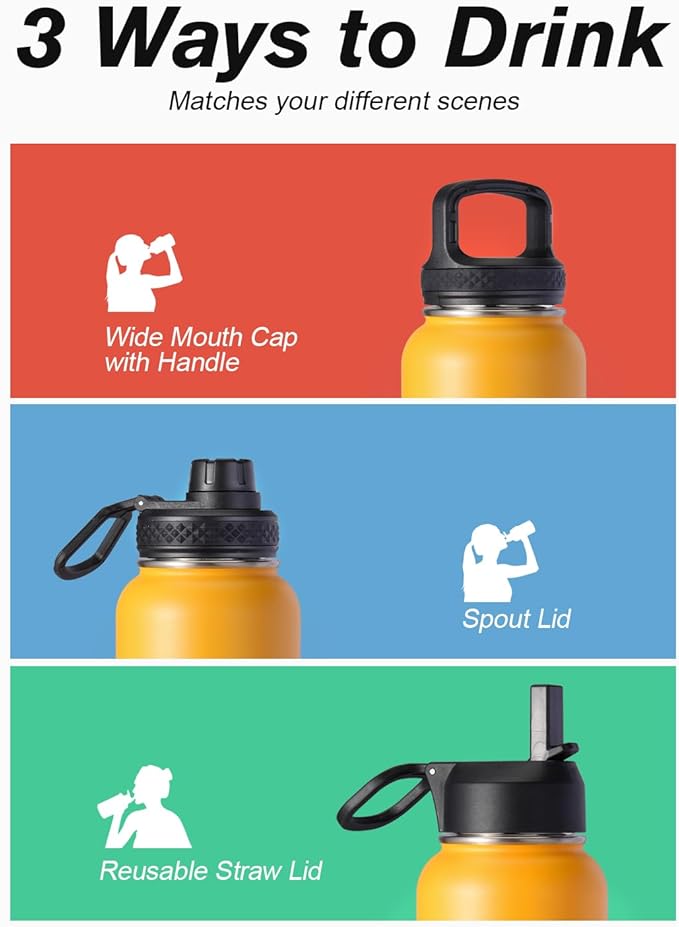 Water Bottle 32 oz Insulated with Straw, Coolflask Stainless Steel Metal 3 Lids Water Flask Wide Mouth for Sports or Office, Non-BPA Keep Cold Up to 48 Hrs or Hot Up to 24 Hrs, Ombre Yellow/Orange