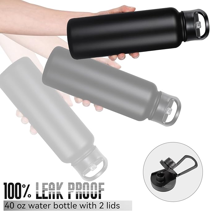 40 oz Insulated Water Bottle with Straw, Stainless Steel Sports Water Bottles with 2 Lids (Straw and Wide Mouth lid), Double Wall Vacuum, Leakproof, BPA-Free, Black
