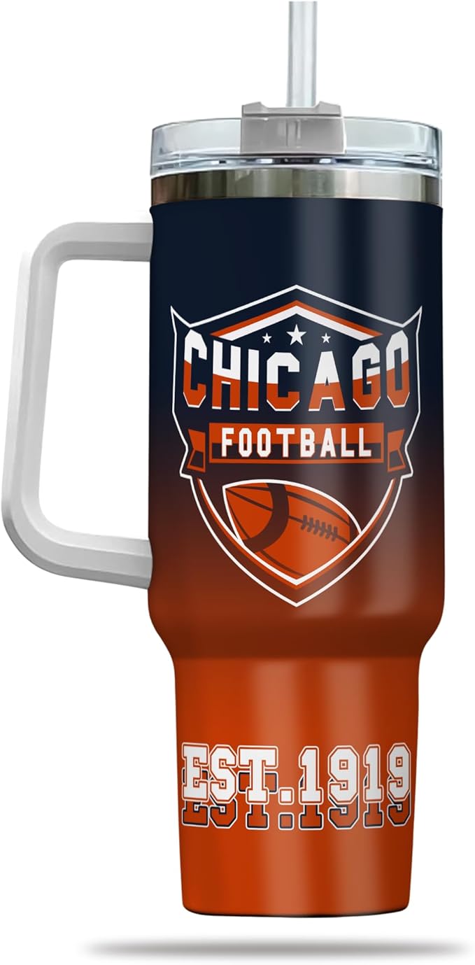Personalized 40oz Football Stainless Steel Tumbler with Handle & Straw, Custom Insulated Travel Mug, Add Name & Number Cup, Coffee Gift for Sports Fans (Chicago-01)