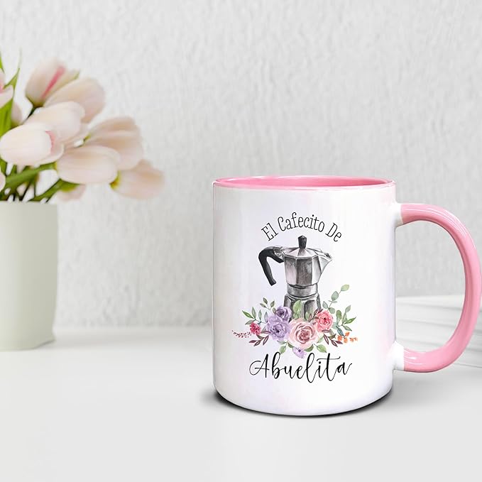 QASHWEY Abuelita Gifts Coffee Mugs, Grandma Gifts, Mothers Day Grandma Mug Coffee Tea Cup Gifts for Grandmas SpanishAbuelita, El Cafecito De Abuelita CoffeeCups Ceramic 11oz (Pink)