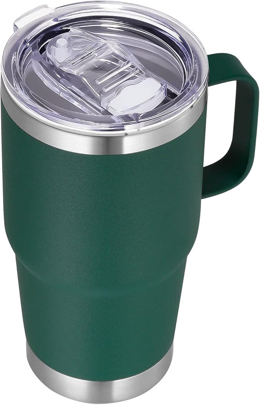 VEGOND 20 oz Tumbler with Handle Lid and Straw, Stainless Steel Insulated Travel Coffee Mug Spill Proof Double Wall Metal Tumbler Cup Keeps Drink Hot and Cold, Dark Green 1 Pack