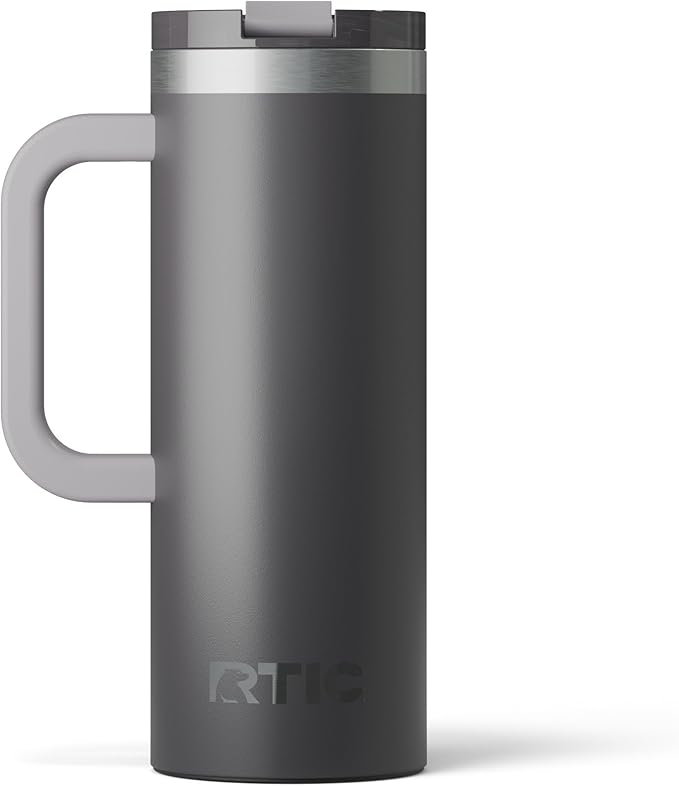 RTIC 20oz Road Trip Travel Mug with Lid and Handle, Ceramic Lined, Insulated, Stainless Steel, Metal, Double Wall Vacuum-Insulation, Portable Coffee, Tea Cup for Hot and Cold Drink, Graphite