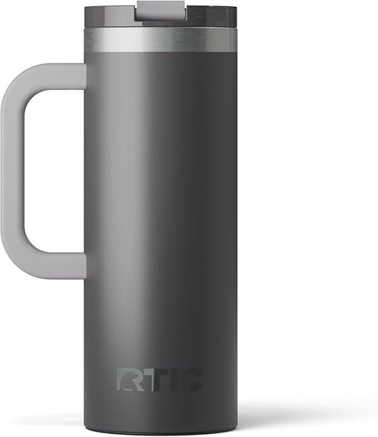RTIC 20oz Road Trip Travel Mug with Lid and Handle, Ceramic Lined, Insulated, Stainless Steel, Metal, Double Wall Vacuum-Insulation, Portable Coffee, Tea Cup for Hot and Cold Drink, Graphite