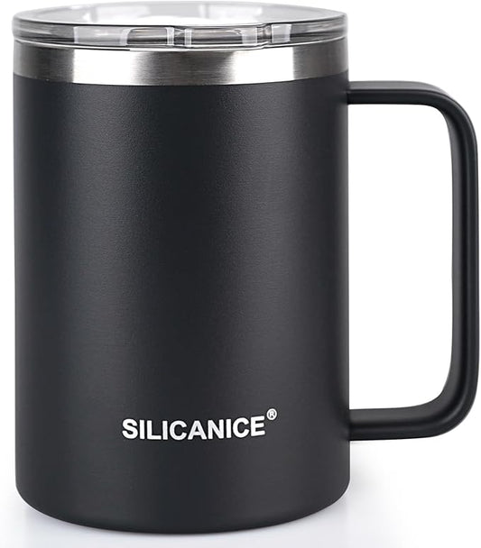 14 oz Stainless Steel Vacuum Insulated Tumbler with handle & MacSlider Lid, Dishwasher Safe & Spill Proof Coffee Cup, Travel Mug for Hot/Cold Drinks, Durable Design - Black