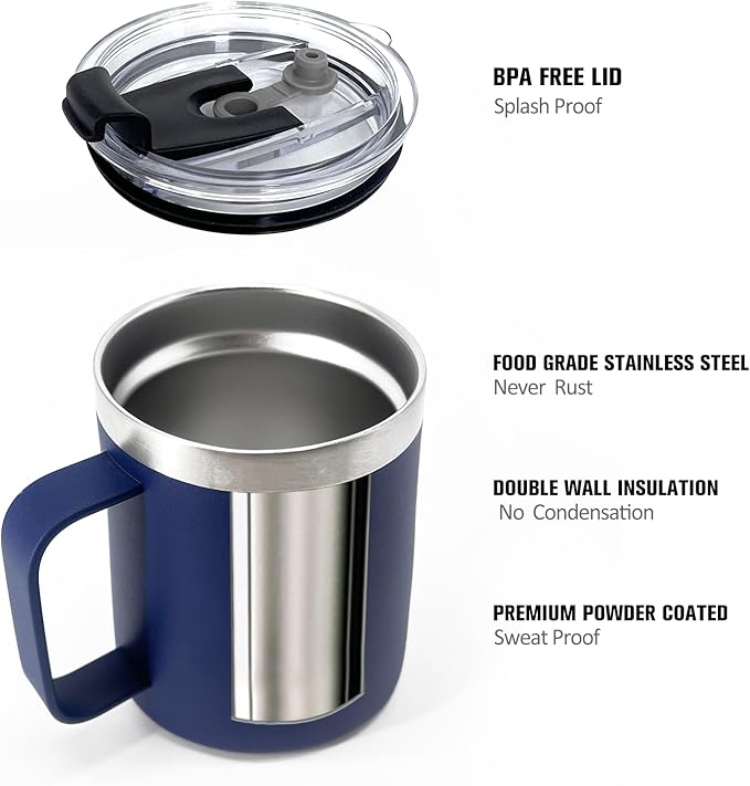 4pack 12oz Coffee Mug With Handle Bulk, Stainless Steel Insulated Travel Tumblers With,Double Wall Vacuum Camping Cup for Hot & Cold Drinks Tea (navy)