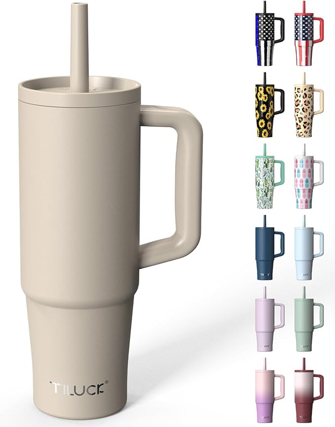 TILUCK 30 oz Tumbler with Handle, Vacuum Insulated Stainless Steel Travel Mug with 100% Leak-Proof Silicone Straw Lid, Cupholder Friendly Water Bottle(MistyGray, 30oz)