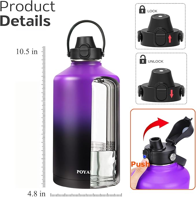 Water Bottle Insulated 32oz 40oz 64oz 128oz Straw Lid Spout Lid & 3 Lids, Leak Proof, Vacuum Insulated,Stainless Steel Water Bottle Wide Mouth for Sports, Gym or Office