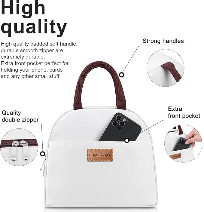 BALORAY Lunch Bag for Women Men Insulated Lunch Box for Adult Reusable Lunch Tote Bag for Work, Picnic or Travel (White)