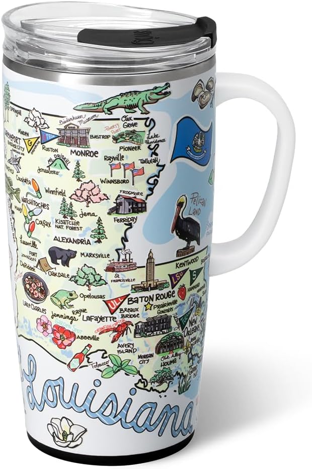 Swig Life 22oz Travel Mug, Insulated Tumbler with Handle and Lid, Travel Coffee Mug, Cup Holder Friendly, Stainless Steel 22 oz Tumbler, Reusable Insulated with Lid (Louisiana)