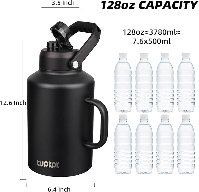 BJPKPK 1 Gallon Water Bottle with Handle, Large Dishwasher Safe 128oz Insulated Water Bottle, BPA Free Water Jug, Wide Mouth Metal Water Bottle with Anti-slip Bottom, Keep Cold & Hot,Black