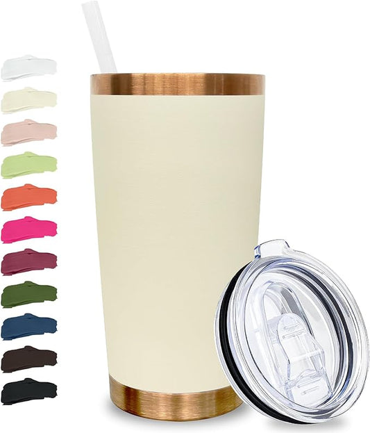 20 oz Tumbler Stainless Steel Tumbler with Lid and Straw, Double Wall Vacuum Insulated Travel Coffee Mug for Laser Engrave, Powder Coated Cup for Hot and Cold Drinks (Cream,1 pack)