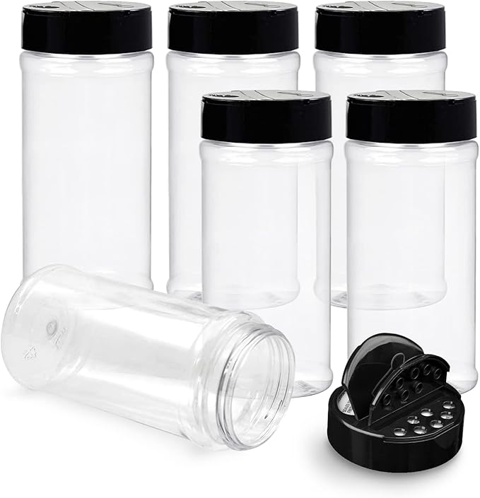 RoyalHouse 6 Pack 16 Oz Plastic Spice Jars with Black Cap, Clear and Safe Plastic Bottle Containers with Shaker Lids for Storing Spice, Herbs and Seasoning Powders, BPA Free, Made in USA