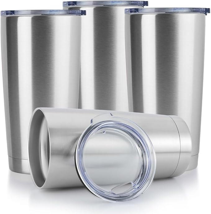 DOMICARE 20oz Stainless Steel Tumbler Bulk with Lid, Double Wall Vacuum Insulated Travel Mug, Powder Coated Coffee Cup, Stainless Steel, 4 Pack