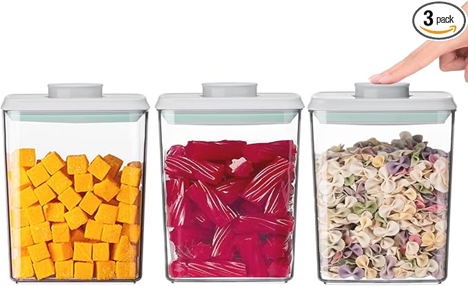 3-Piece Airtight Food Storage Containers Set - 1200ml Leakproof Kitchen Jars with One-Touch Button Lids, Stackable Design for Pantry Organization (Pasta, Cereal, Snacks)
