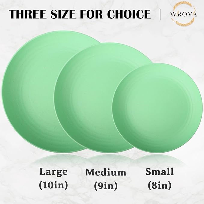Wrova Wheat Straw Plates - 9 Inch Unbreakable Dinner Plates Set of 8 - Dishwasher & Microwave Safe Plastic Plates Reusable for Kitchen and Camping (Light Green)