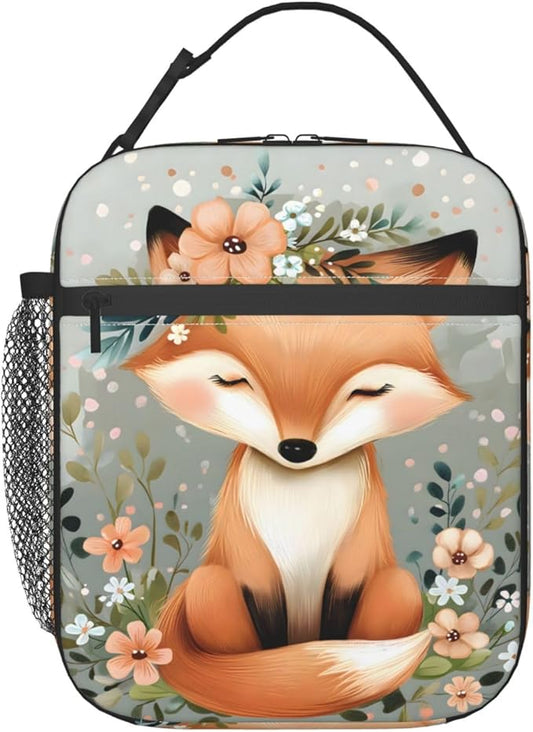 Reusable Cute Flower Fox Lunch Box for Kids, Insulated Floral Bag,Polyester Cooler Animal Lovers Handbags Case for School Picnic Work Travel Beach or Hiking, Gifts
