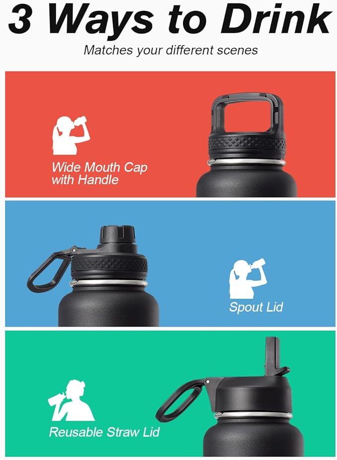 Water Bottle 40 oz Insulated with Straw&Brush, Coolflask Vaccum Stainless Steel Metal 3 Lids Water Flask for Sports, Gym or Office, Keep Cold 48H Hot 24H, Magic Black