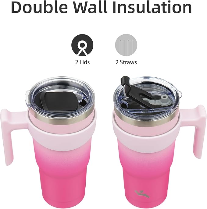 20 oz Tumbler with Handle and 2 Straw 2 Lid, Insulated Water Bottle Stainless Steel Vacuum Cup Reusable Travel Mug, Cherry