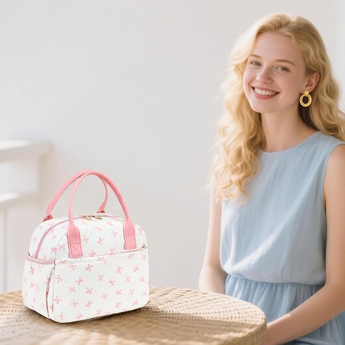 CAMTOP Lunch Box for Women Insulated Lunch Bag Lunchbox Cooler Thermal Leakproof Quilted Reusable Lunch Tote Bag for Work School Travel Picnic (Pink Bow)