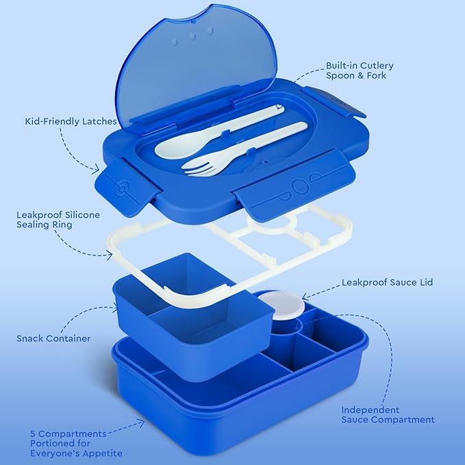 Bento Box Adult Lunch Box,Lunch Containers for Adults Kids,5-Compartment Bento Box for Kids Snack Boxes with Cutlery (Blue)