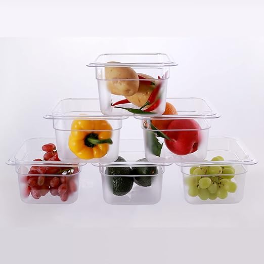 6-Pack Food Pan 1/6 Size Clear Polycarbonate Food Pans 6" Deep Commercial Hotel Pans for Party, Restaurant, Hotel