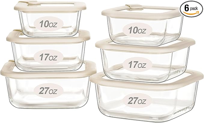 Urban Green Glass Food Storage Containers with Glass Lids, Microwave Safe Food Container Set, Airtight Meal Prep Containers, LeakProof, 100% Plastic Free, 6 Pack