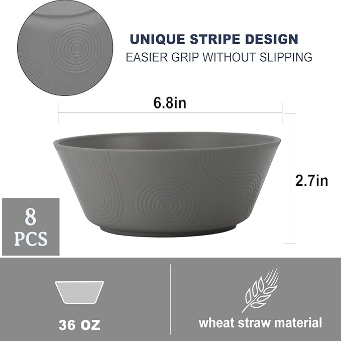 PYRMONT 36 OZ Cereal Bowls - Wheat Straw Sets of 8 Reusable Unbreakable Plastic for Soup, Salad, Rice, Noodles - Microwave & Dishwasher Safe - Black to Grey
