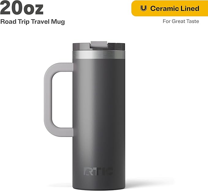 RTIC 20oz Road Trip Travel Mug with Lid and Handle, Ceramic Lined, Insulated, Stainless Steel, Metal, Double Wall Vacuum-Insulation, Portable Coffee, Tea Cup for Hot and Cold Drink, Graphite
