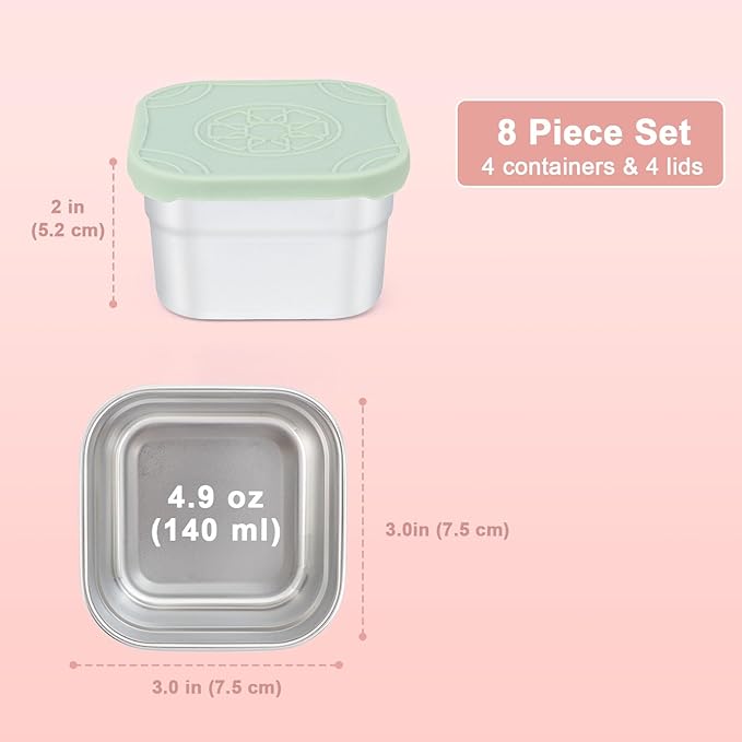 Caperci 4-Pack Stainless Steel Snack Containers with Silicone Lids - 4.7oz Reusable Small Food Containers for Snacks Condiments, Salad Dressing Container, Leak-Proof, BPA-Free