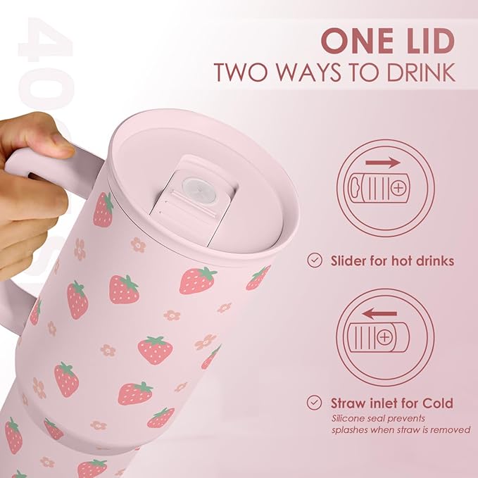 Strawberry Tumbler with Handle 40oz – Insulated Stainless Steel Travel Coffee Mug Cup for Girls Women, Gift for Christmas, Birthday