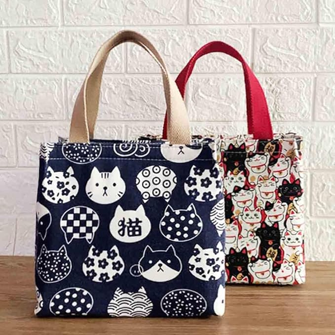 Cartoon canvas women's Japanese insulated handbag lunch box bag lunch bag bento bag (Style F)