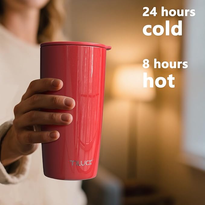 TILUCK 20 oz Tumbler with Leak-Proof Lid, Vacuum Insulated Stainless Steel Coffee Mug, Double-Walled Travel Tumbler for Hot and Cold Drinks(GlitterCoral, 20oz)