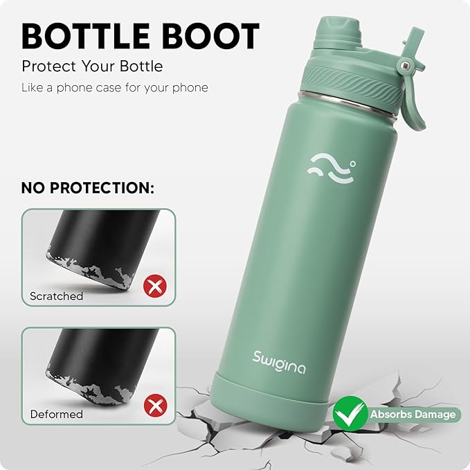 [2-IN-1 LID] Insulated Water Bottle with Silicone Boot (36hrs Cold/18hrs Hot) - DIY Stickers, Leakproof, BPA Free, 24 oz