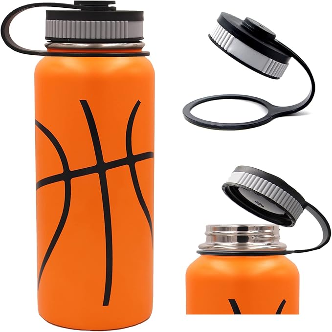 32 oz Basketball Water Bottle, Metal Thermo Travel Tumbler Sports Flask with 2 Lids, Stainless Steel Double Wall Vacuum Insulated Leak Proof Water Bottles, Basketball Accessories Gifts for Boys Girls